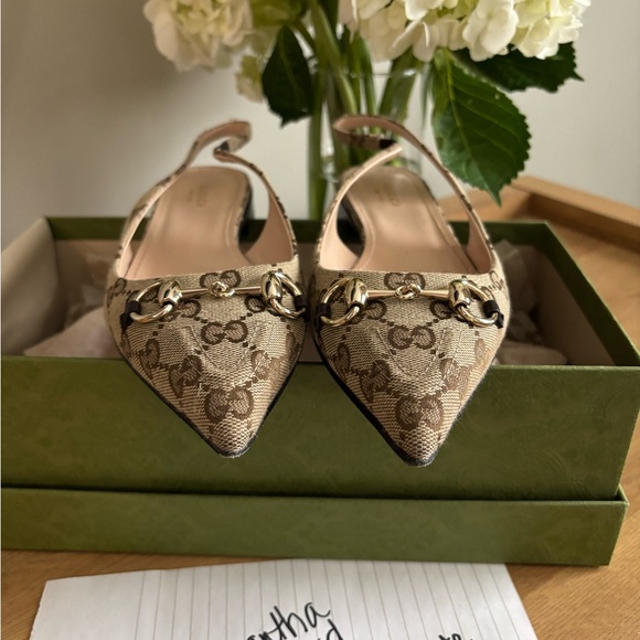 Gucci Beige Monogram Slingback Flats - Picture 2 of 6